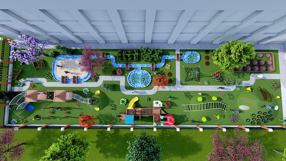 Letu Play full aerial view of custom residential community outdoor playground design लेटू प्ले कस्टम आवासीय समुदाय आउटडोर खेल के मैदान डिजाइन का पूर्ण हवाई दृश्य