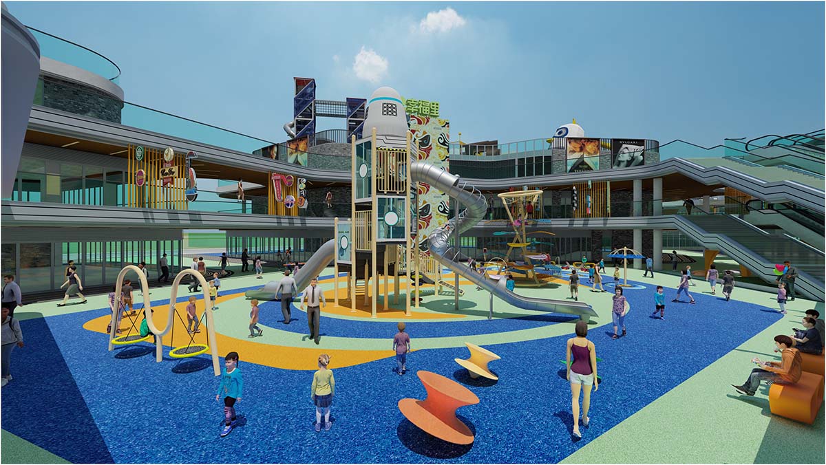 एक व्यस्त पार्क सेटिंग में वाणिज्यिक गैर-संचालित मनोरंजन उपकरण स्थापित किए गए