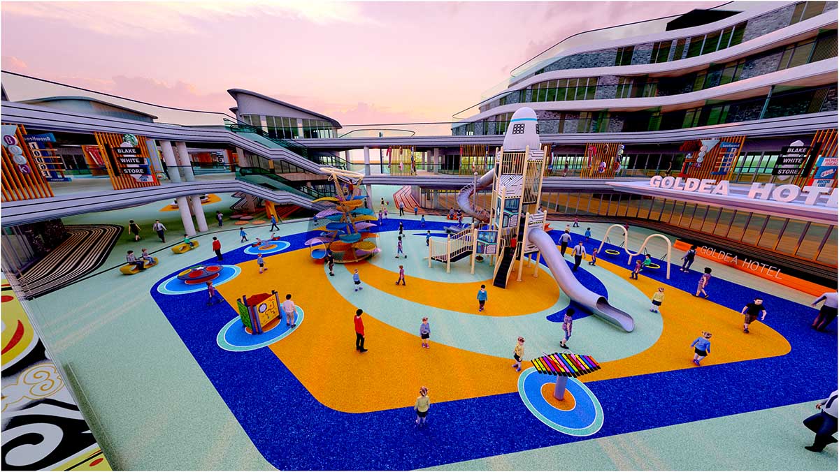 एक व्यस्त पार्क सेटिंग में वाणिज्यिक गैर-संचालित मनोरंजन उपकरण स्थापित किए गए