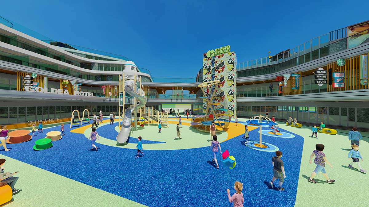 एक व्यस्त पार्क सेटिंग में वाणिज्यिक गैर-संचालित मनोरंजन उपकरण स्थापित किए गए