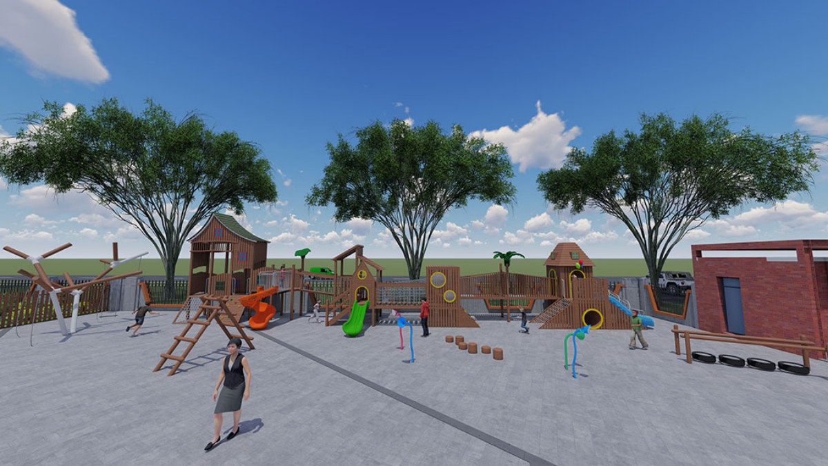 Wooden combination playground slide with playhouse, climbing and tunnel features प्लेहाउस, चढ़ाई और सुरंग सुविधाओं के साथ लकड़ी के संयोजन खेल का मैदान स्लाइड