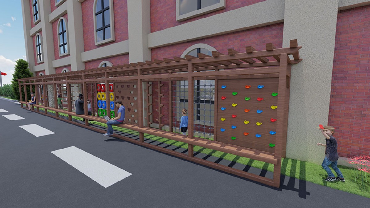 Multi-functional playground climbing wall integrated into kindergarten corridor किंडरगार्टन गलियारे में एकीकृत बहु-कार्यात्मक खेल का मैदान चढ़ाई वाली दीवार